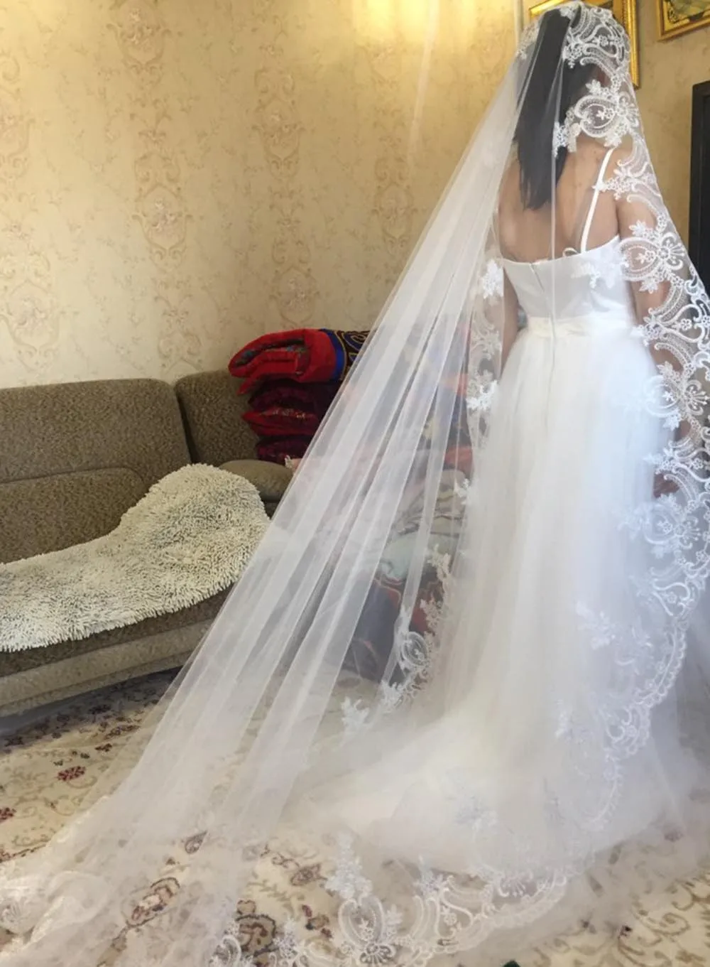 Voile de mariée Long avec dentelle de haute qualité, voile ivoire blanc avec peigne, une couche, 3 mètres, accessoires de mariage