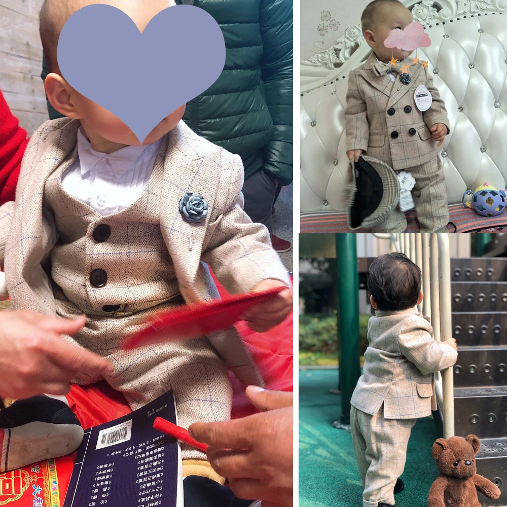 2024 New Arrival Little Boy Tuxedo/Wedding Party baby Boy Suit/Baby Boys Beige 4-piece Suit Set baby boys dress for 1 2 3 4 year