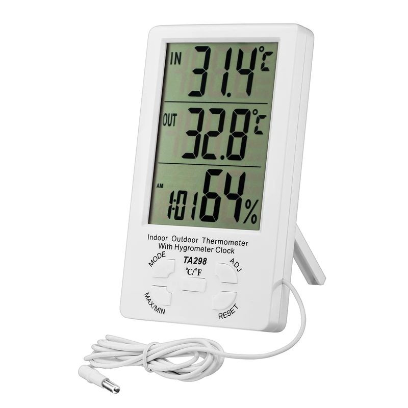 Wewnętrzny termometr zewnętrzny higrometr budzik cyfrowy wyświetlacz LCD o maksymalnej wartości C/F miernik temperatury i wilgotności czujnik 1,5M — zdjęcie 2