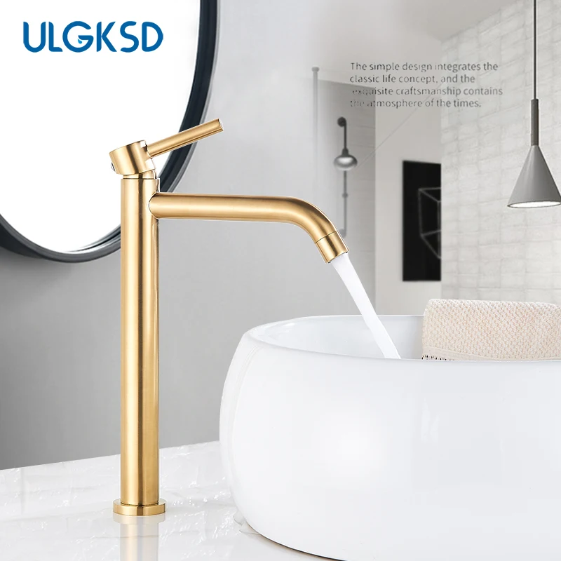 Brushed Golden Bathroom Basin Hot Cold Faucets Brass Deck Mounted Tall Style Long Mouthed Taps Vanity Sink Mixer Tap For Bathroo