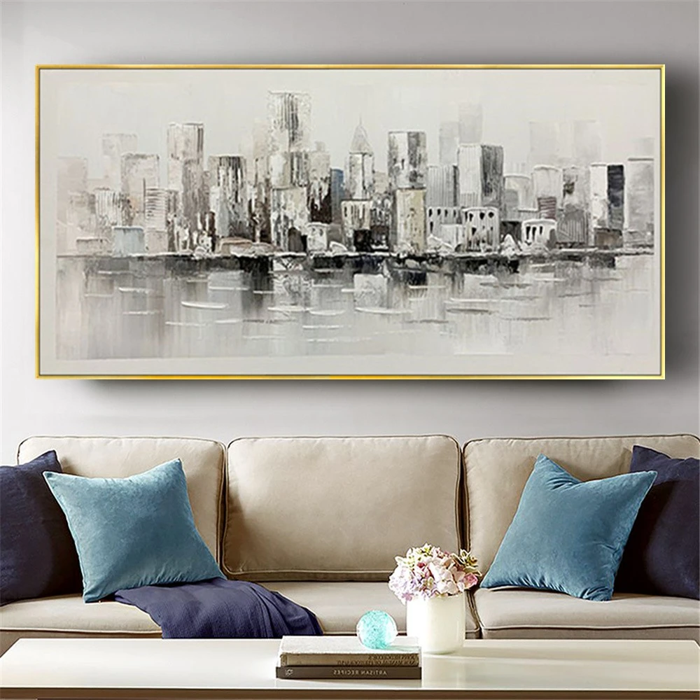 

Hand-Pained Gray Black City Wall Art Poster Manhattan Canvas Oil Painting Mural Decoration For Living Room Home Decor Pattern