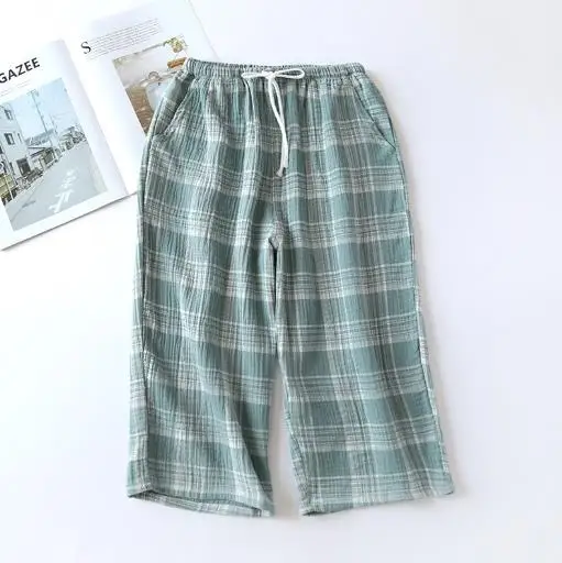 Loose sleepwear pant summer cropped trousers fashion plaid lounge wear pajama pants large size cotton gauze ladies home pant