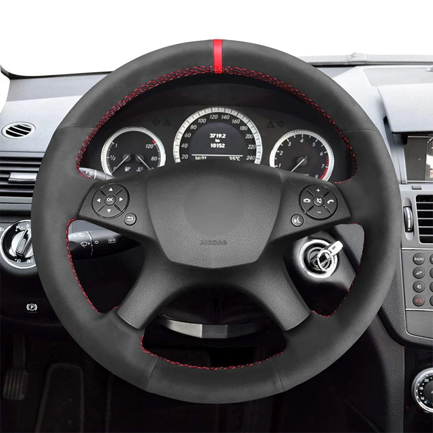 Hand-stitched Red Marker Black Suede Car Steering Wheel Cover for Mercedes Benz W204 C-Class 2007-2010 C280 C230 C180 C260