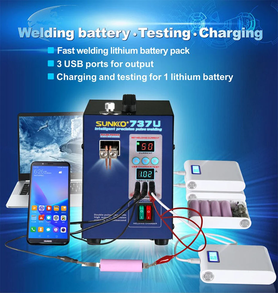 SUNKKO Battery Spot Welder 737U 2.8kw LED light Pulse Spot Welding Machine with USB Charging Testing for 18650 Battery Pack Weld