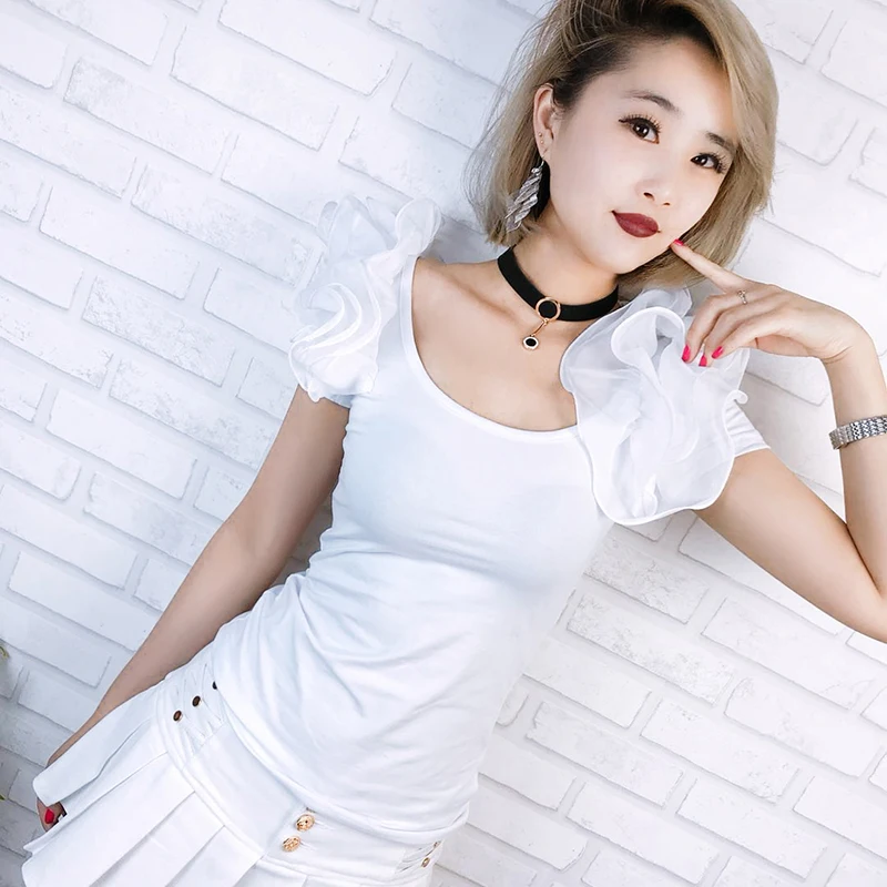 Women\'s Cotton Elastic Basic Cotton T-shirt Casual Mesh Tops Short Sleeve Puff Sleeve High Quality Summer New Chic Sexy 2024 New