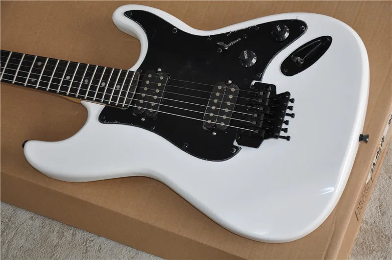 custom star guitar,white basswood body,tremolo bridge,black HH pickups,chrome buttons,electric guitar