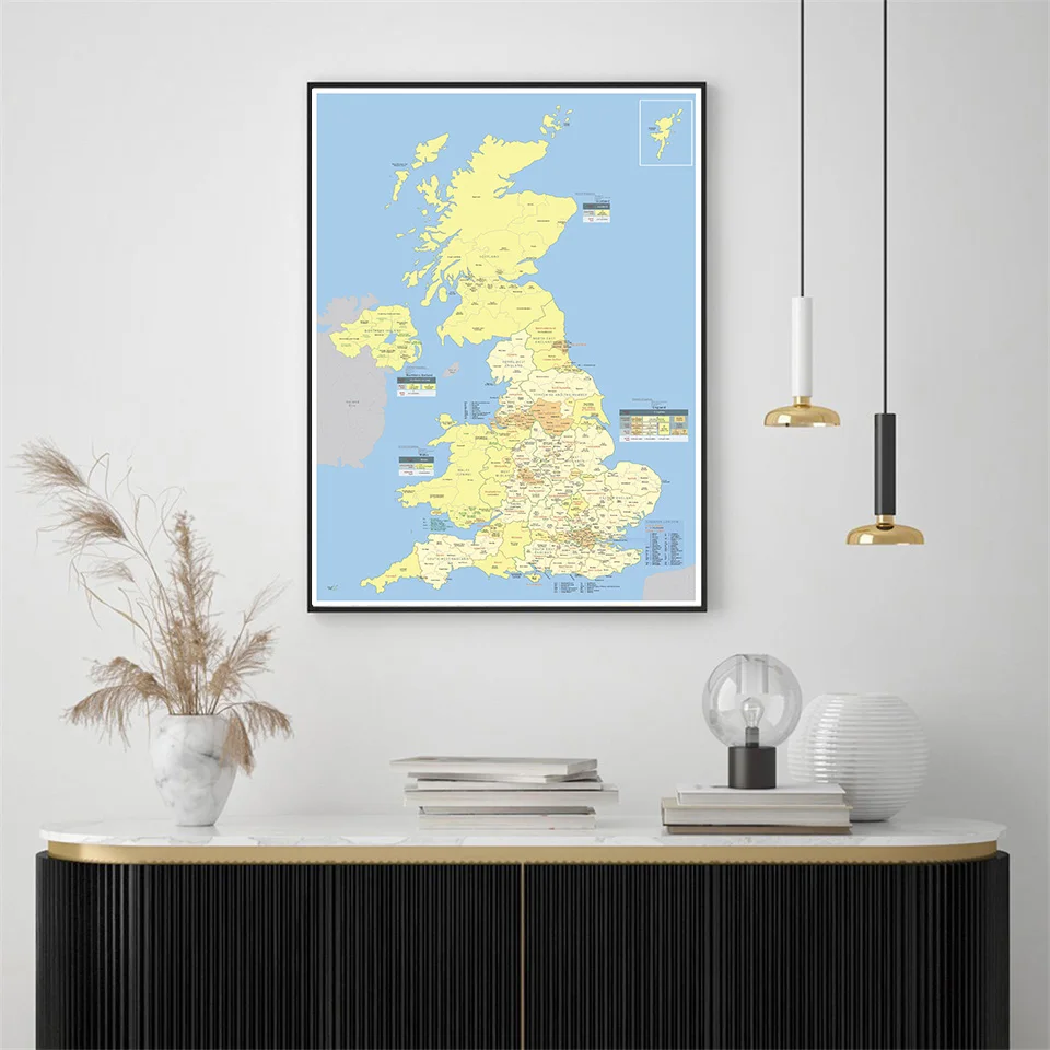 60*90cm Detailed Regions Map Of The United Kingdom Canvas Painting  Wall Art Poster School Supplies Living Room Home Decoration