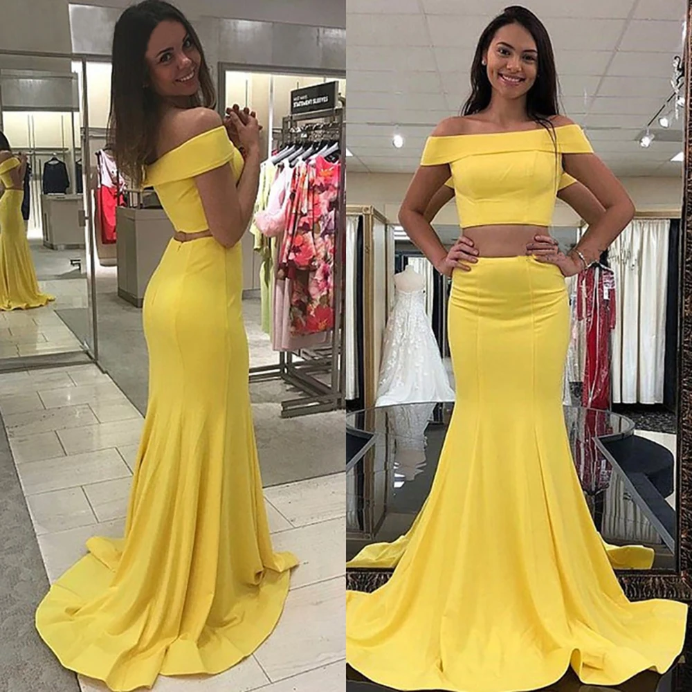 

New Light Yellow Fromal Dress Elastic Satin 2 Piece Off The Shoulder Boat Neck Mermaid Long Cheap Evening Dress Party Gowns