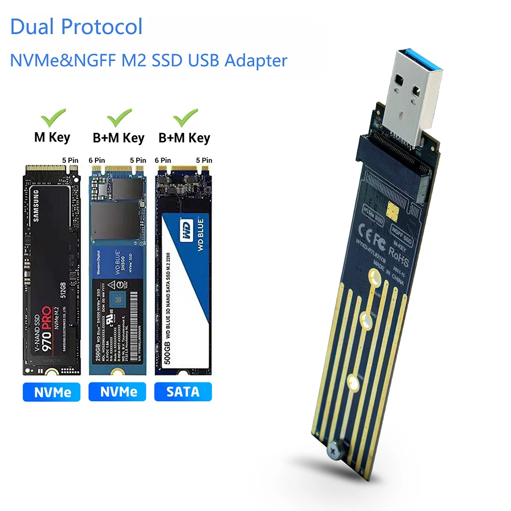 M.2 NVME Adapter PCIe NGFF SATA M2 SSD Board Dual Protocol USB 3.1 For M/B Key Samsung 970 series / 960 series / WD 2230 2242