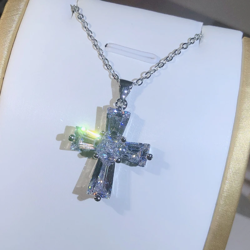 925 Sterling Silver Delicate Dazzling Clear Cubic Zirconia Cross Pendant Necklace For Women Necklace Wedding Luxury Jewelry