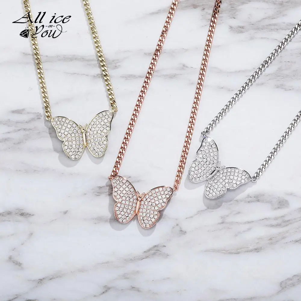 ALLICEONYOU New  High Quality Iced Out Cubic Zirconia Butterfly Pendant&Necklace Hip Hop Fashion Jewelry For Women Gift