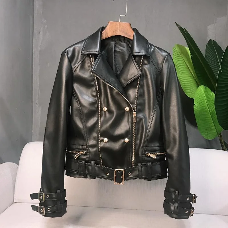 New Autumn Women PU Leather Jacket Zipper Belt Short Coat Female Motorcycle Biker Black Punk Bomber Faux Leather Ladies Outwear