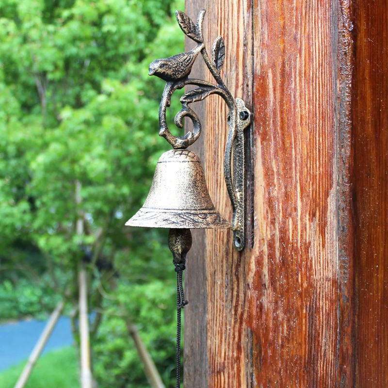 Antique Gold Bird Branch Cast Iron Wall Bell European Country Accent Handmade Metal Wall Mounted Hand Cranking Welcome Door Bell