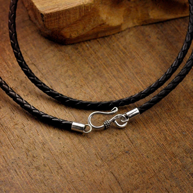 Pure Silver S925 Sterling Silver Clasp Weave Leather Long Chain Necklace With Silver Lock For Men Male Women Jewelry Accessory