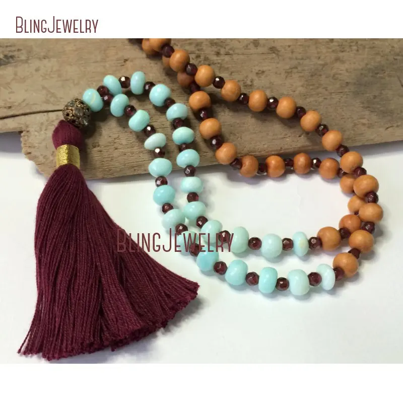 Boho Tassel Necklace Peruvian Blue Opals Premium Sandalwood Beaded   Bohemian Jewelry Stone  NM31743