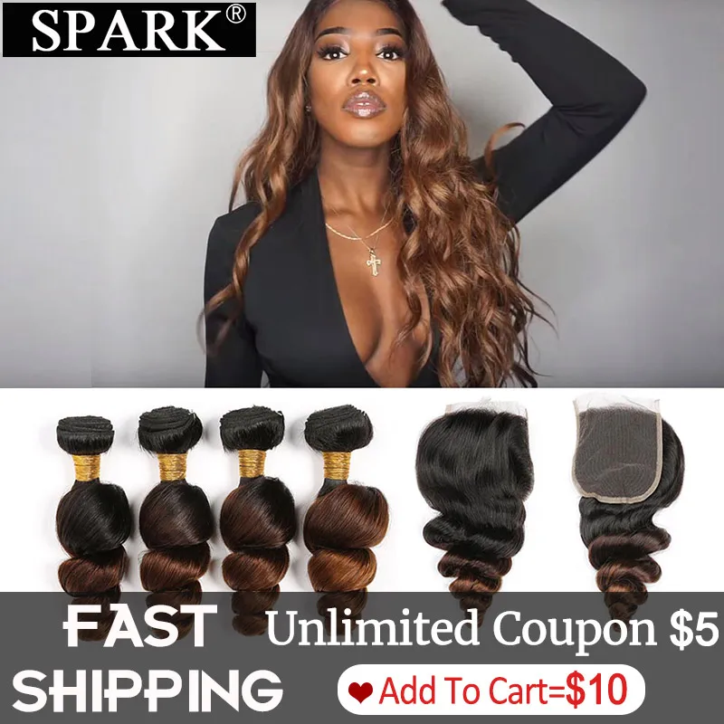 

Spark Ombre Brazilian Loose Wave Bundles with Closure Free Part Remy Hair Extension Human Hair Bundle with Lace Closure L