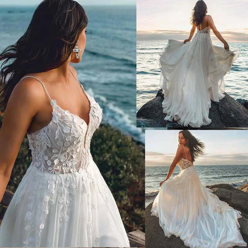 

DREAM Elegant Long Beach Wedding Dress A-Line Chiffon Lace Appliques Backless Sweep Train Bride Gown Vestidos De Noiva 2024