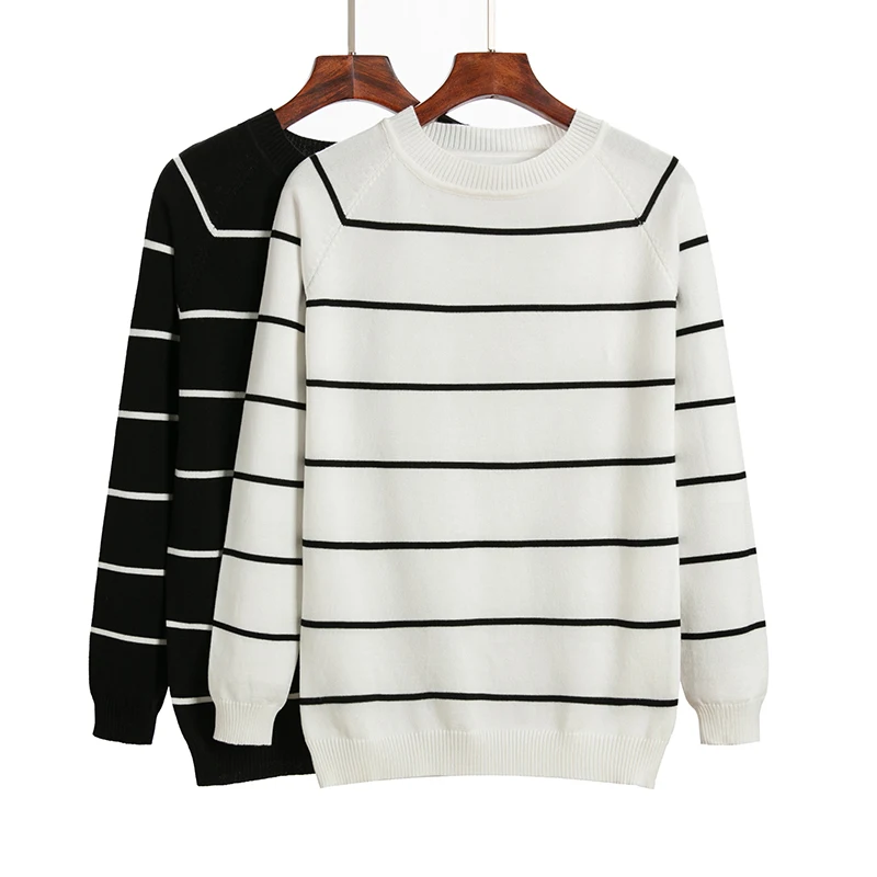 HLBCBG Stripe long sleeve black knitted sweater women tops autumn o-neck short pullover casual jumper pull femme