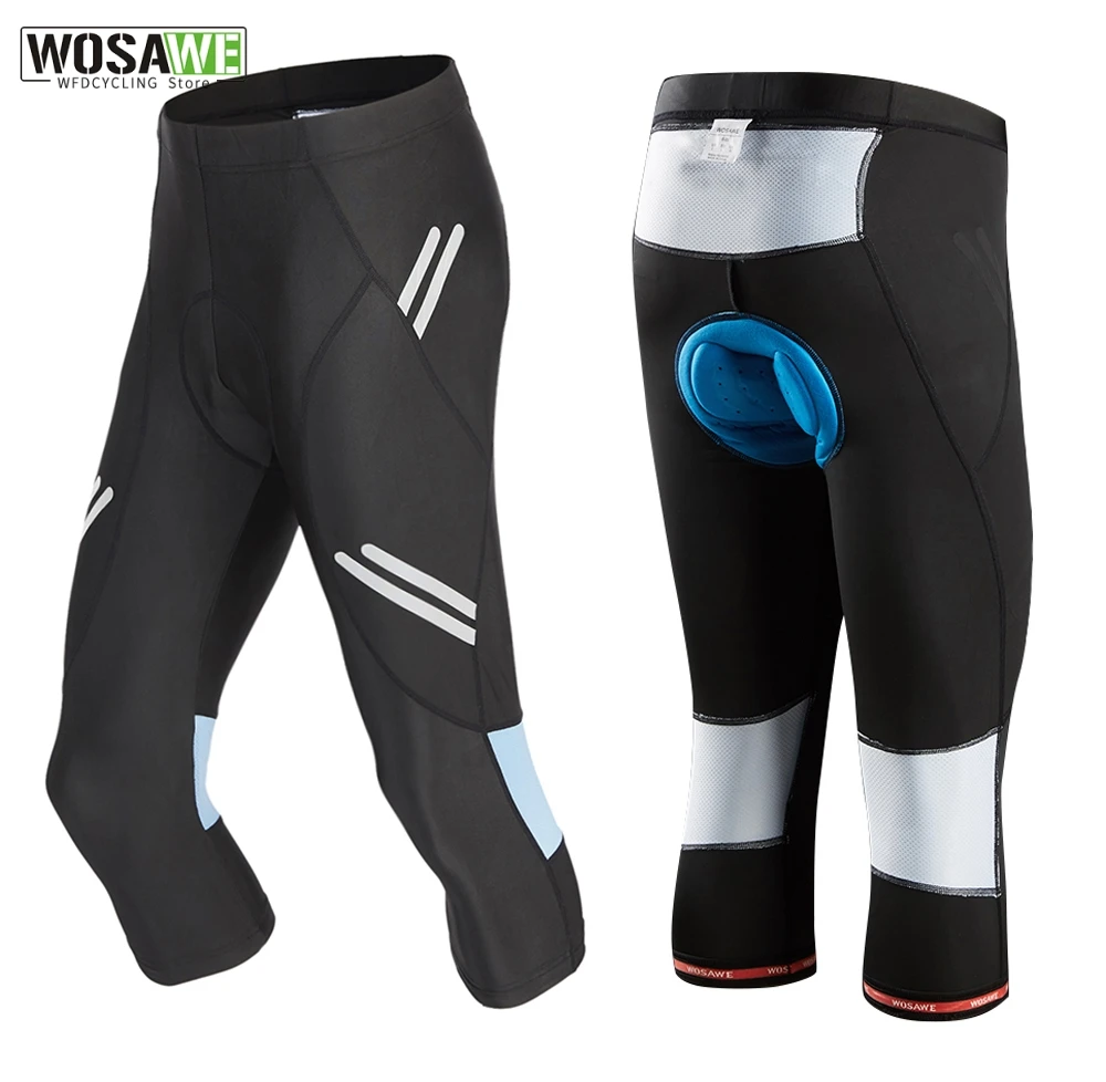 Wosawe Heren Fietsbroek Panty Reflecterende Rijfiets Kleding 3d Gel Gewatteerde Cropped Broek Mtb Draaiende Fietsbroek