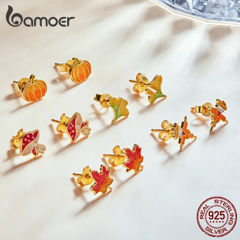 bamoer Autumn 925 Sterling Silver Orange Scarecrow Ginkgo Maple Leaf Stud Earrings Mushroom Pumpkin Earrings for Women Jewelry