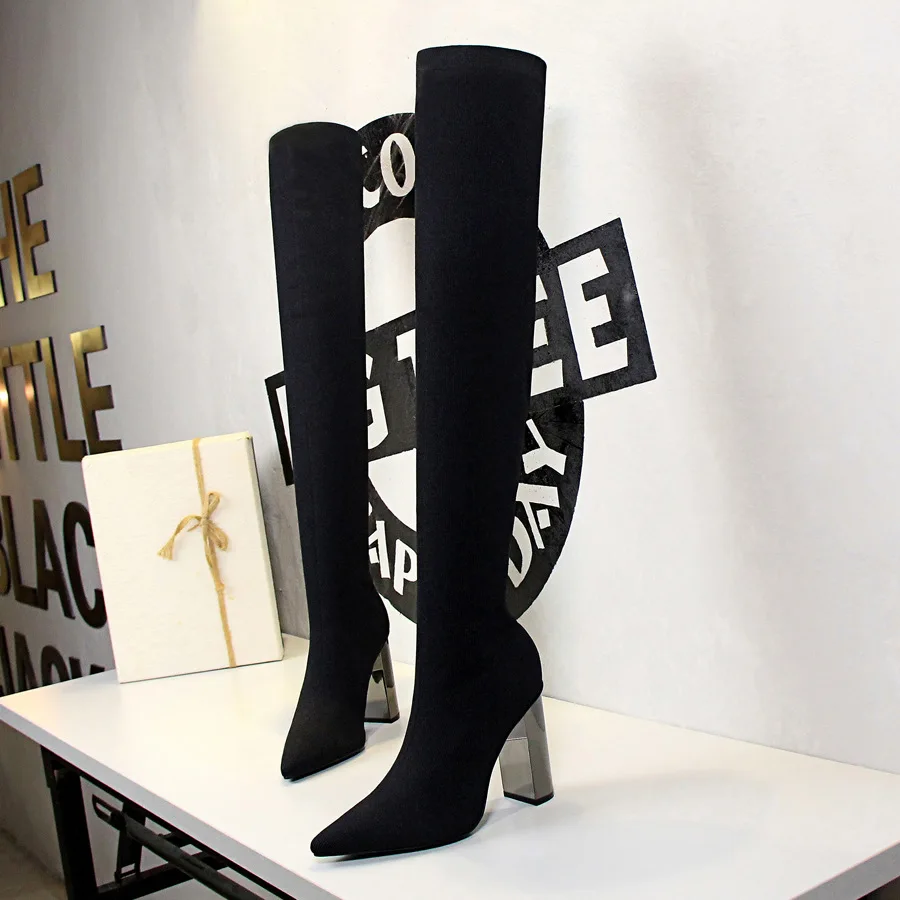 2023 Thigh High Boots Over The Knee Elastic Stretch Boots Women Metal High Heels Botas Mujer Sexy Knee High Sock Boots WSH4331