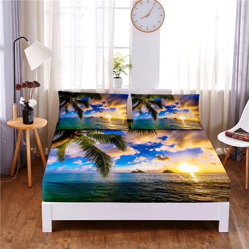 Beach Digital Printed 3pc Polyester  Fitted Sheet Mattress Cover Four Corners with Elastic Band Bed Sheet Pillowcases