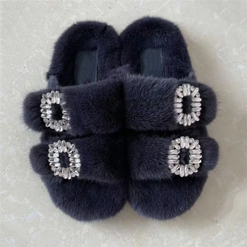 Mink Slippers Sandals Women\'s Shoes Real Mink Fur Slippers Luxury Fashion Ladies Furry Slippers Girls Flat Slippers Outside