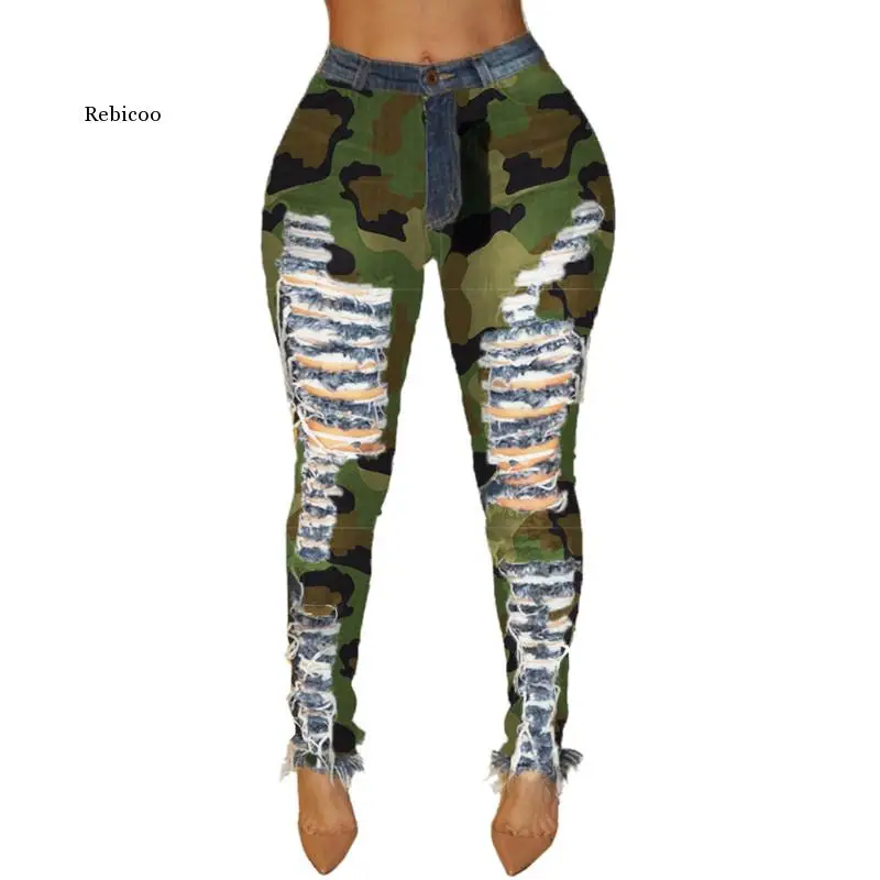 

New Autumn Winter Female Denim Pants Women Skinny Hole Spliced Camouflage Print Jeans Sexy pencil Bandage Trousers