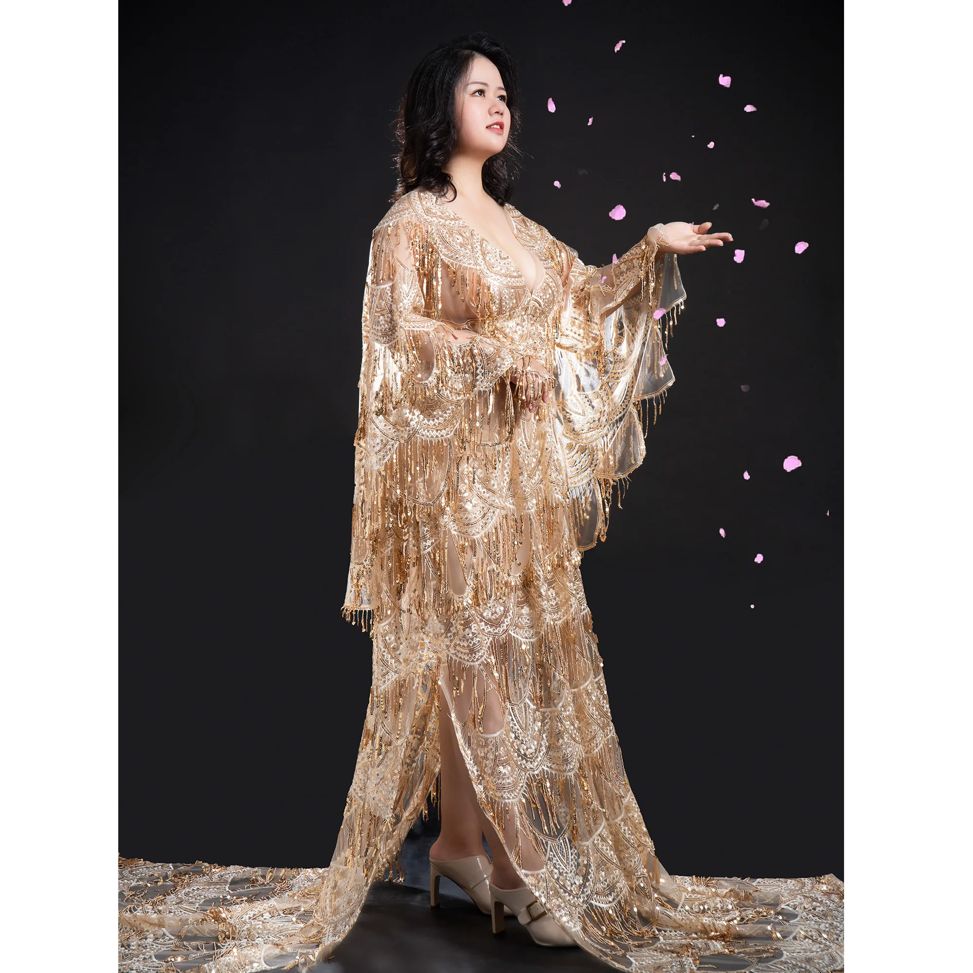 Don&Judy Boho Sequin Maternity Non-maternity Dress for Photo Shoot Party Evening Gown Bling-bling Prom Photography Woman Robe