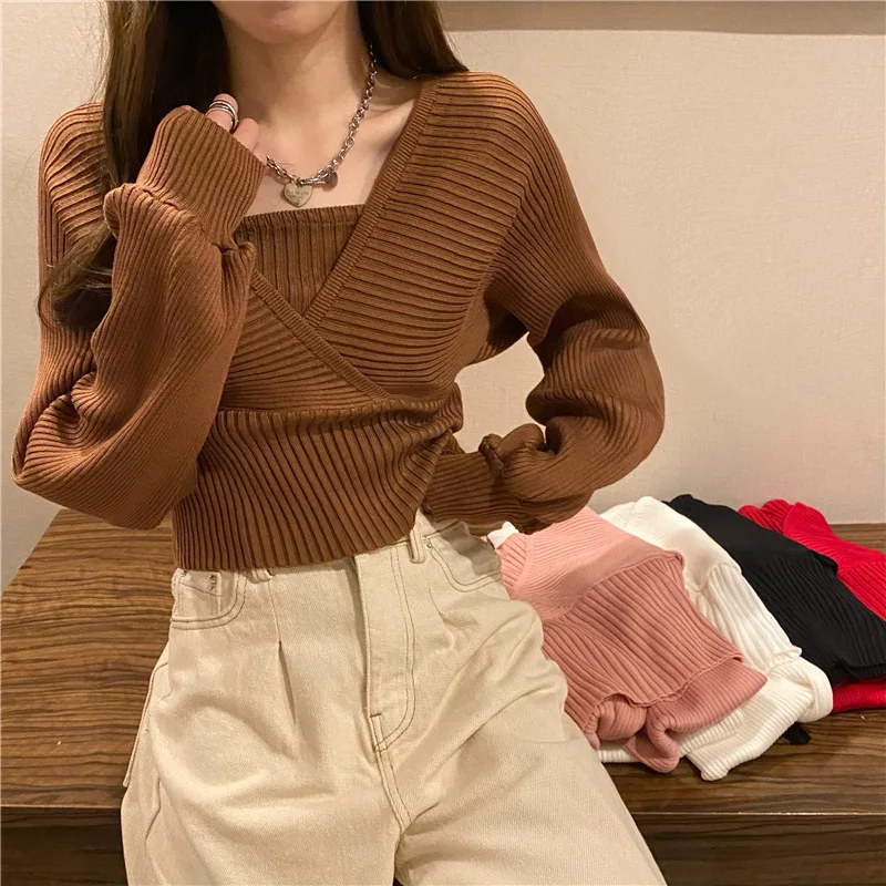 

Spring and Autumn Design Fake Two Piece Square Neck Underlay Short Sweater Bubble Sleeve Knitted Shirt for Women