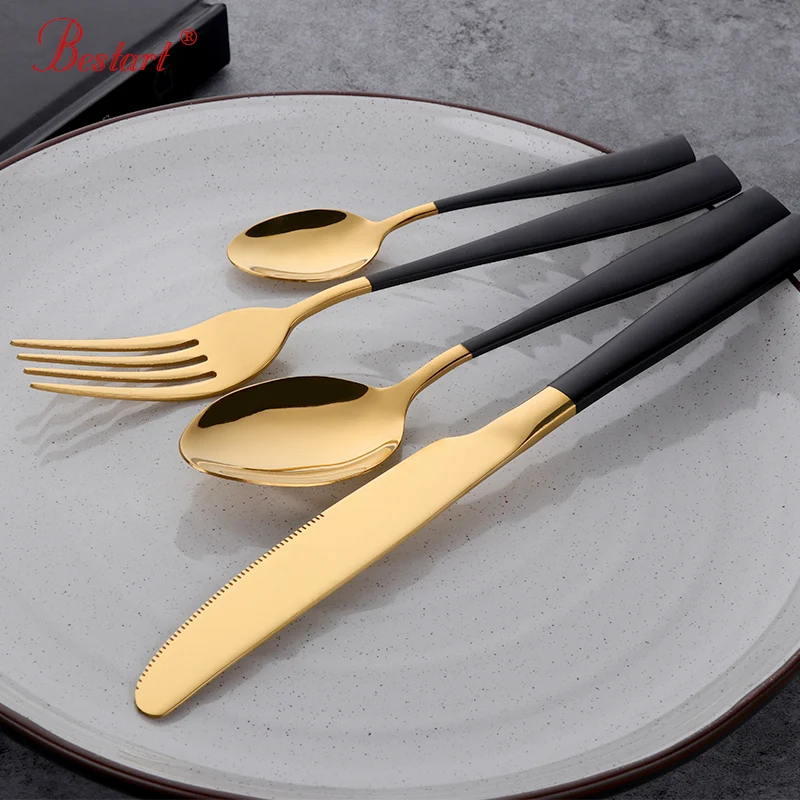 1lot/24 Pcs Luxury Black Plated Dinnerware Sets Good Polish Steel Dinner Knives Forks Tablespoons Cutlery Set Family Tableware