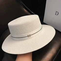 Sun Hats for Women Straw Wide Brim Hat Female Dress Hat Womens Summer Caps Beach Hat White Flat Top Fedroas Hat Korean Fashion