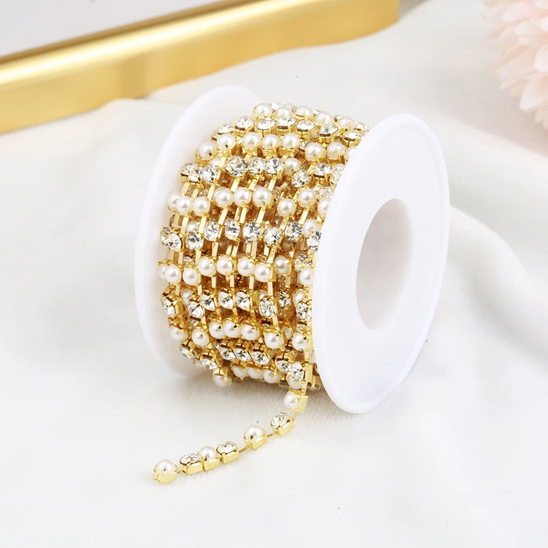 RESEN Promotion!4mm ABS Pearl Rhinestone Chain Sparse Crystal Diamond Gold Cup Chain Apparel Sewing Rhinestone Pearl Chain Trim