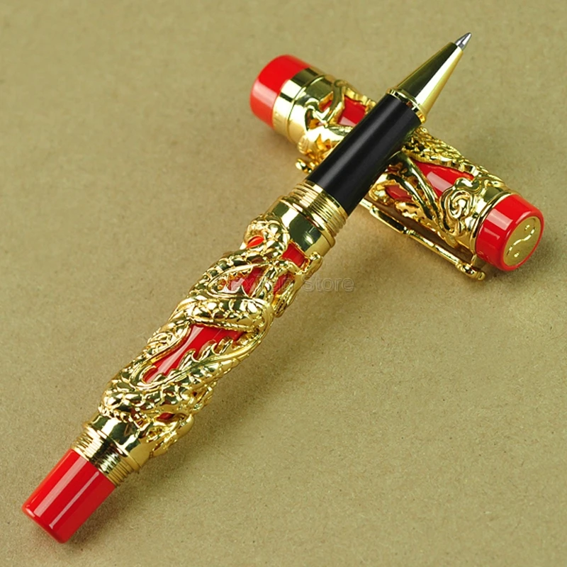 Jinhao Exquisite Dragon Phoenix Rollerball Pen, Metal Carving Embossing Heavy Pen, Golden & Red Business For Office School