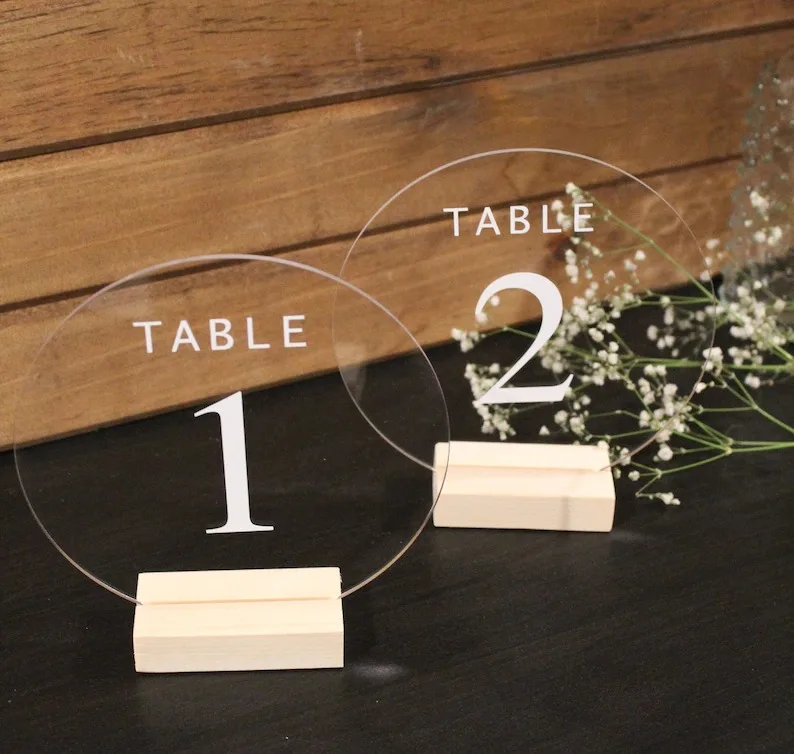 

Circle Acrylic Table Numbers with Wooden Base. Wedding Table Numbers. Event Table Numbers. Perspex Table Number