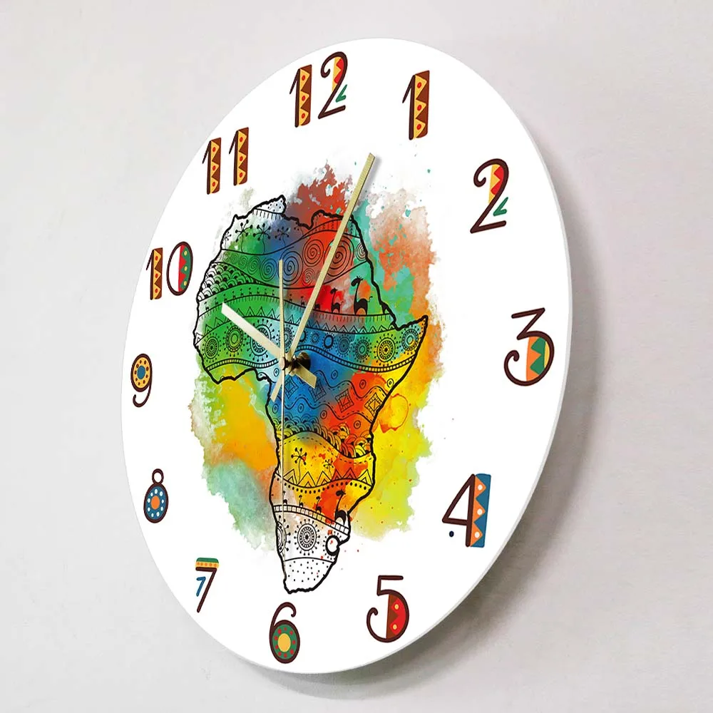 Textured Map Of Africa Wall Clock Modern Design Silent Non Ticking Wall Watch Colorful Tribal Tattoo African Map Art Decor