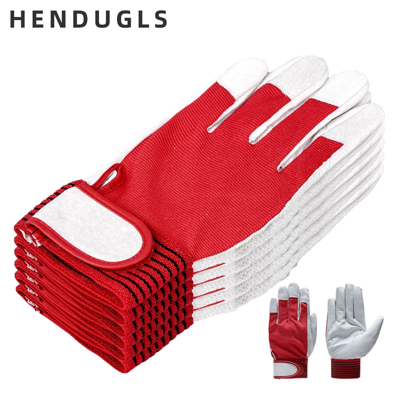 

HENDUGLS 5pcs Fashion Red Products Mechanic Leather Coated Work Gloves Safety Industrial Working Protective Sport Glove 5163