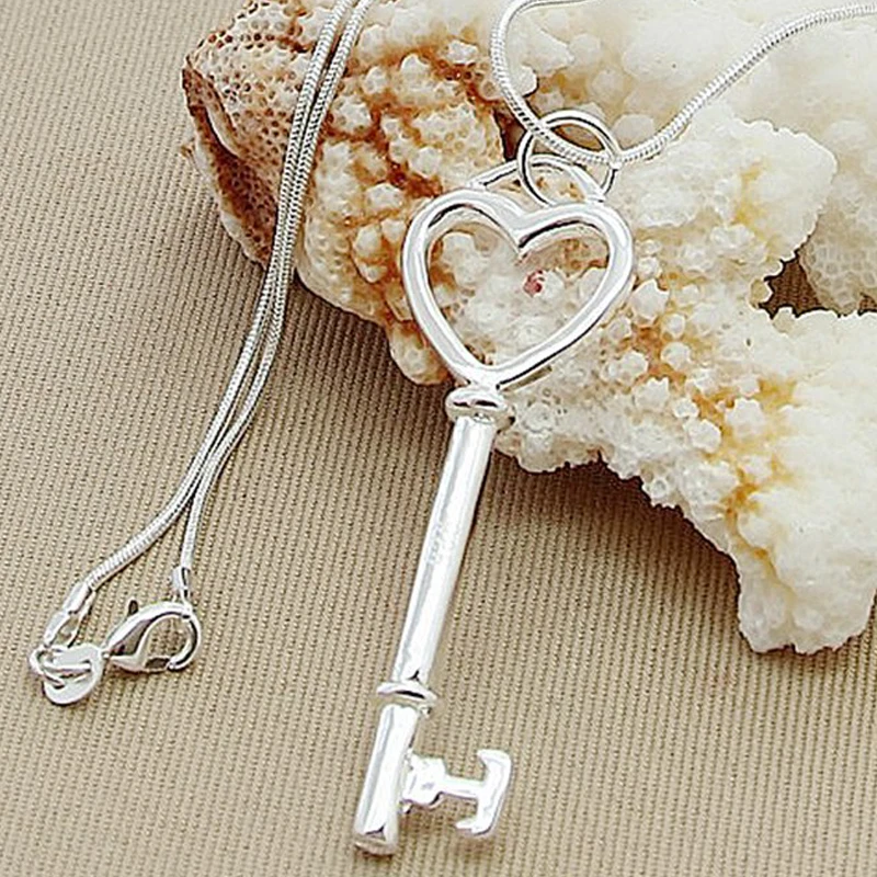 BABYLLNT New Trendy 925 Sterling Silver Necklace Heart Shaped Key Pendant Necklace for Women Men Anniversary Jewelry Party Gifts