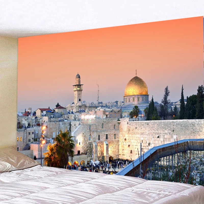 Skyline Of The Old City At Western Wall and Temple Mount Tapestry City Night Scene Wall Hanging Cloth Tapestries Room Decor