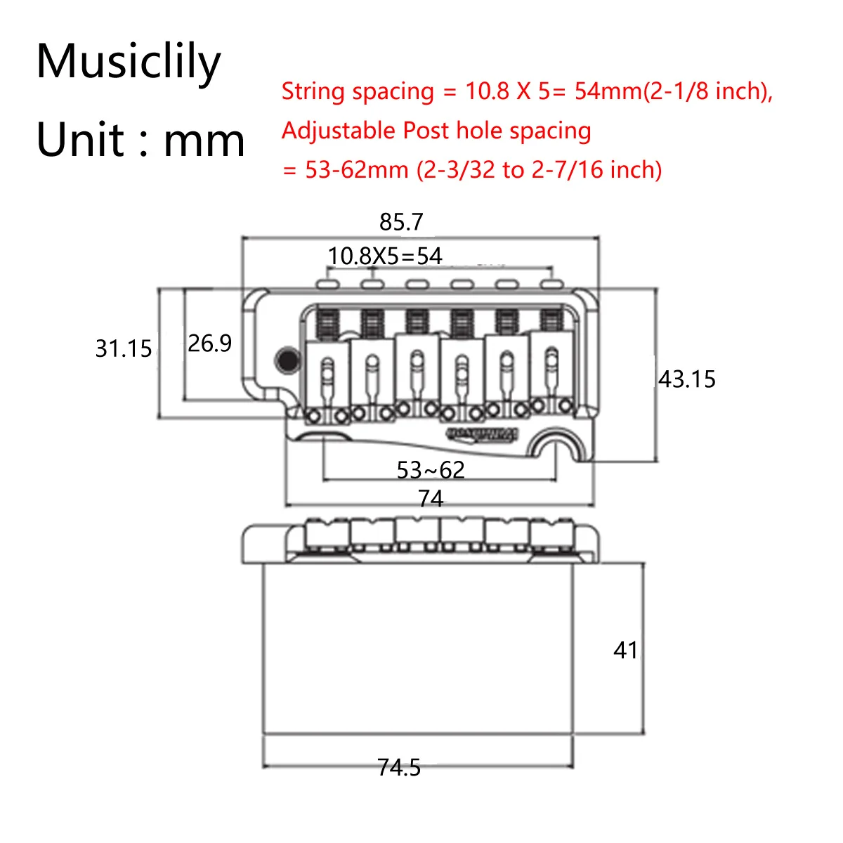 Wilkinson WVP-SB 54mm Steel Saddles 2-Point Guitar Tremolo Bridge with Steel Block for Import ST and Japan ST, Gold