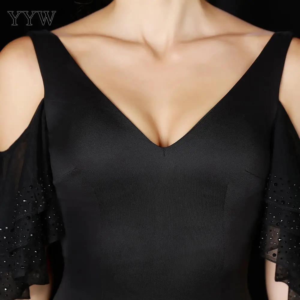 เซ็กซี่ลึกVชุดราตรีสีดำแขนกุดไม่สม่ำเสมอพรรคElegant Midi BodyconเดรสFemme Vestidosแฟชั่นRobe De Soiree