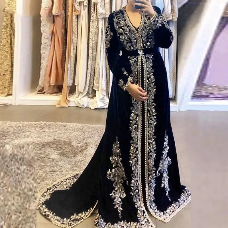 Velvet Moroccan Kaftan Caftan Muslim Evening Dresses A-line V-neck Appliques Dubai Arabic Abaya Islamic Evening Gown Customized