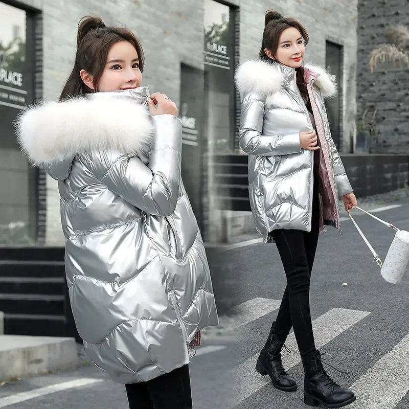 

2021 Winter Glossy Coat Women Thicken Parkas Women Plus Size Cotton padded Jacket Fur collar Hooded Gilrs Long Parka Feminina