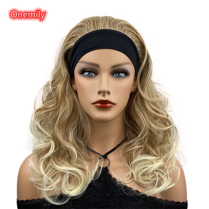 

Onemily Long Curly Wavy Brown Synthetic Wigs with Headband Heat Resistant Fiber Natural Hair for Women