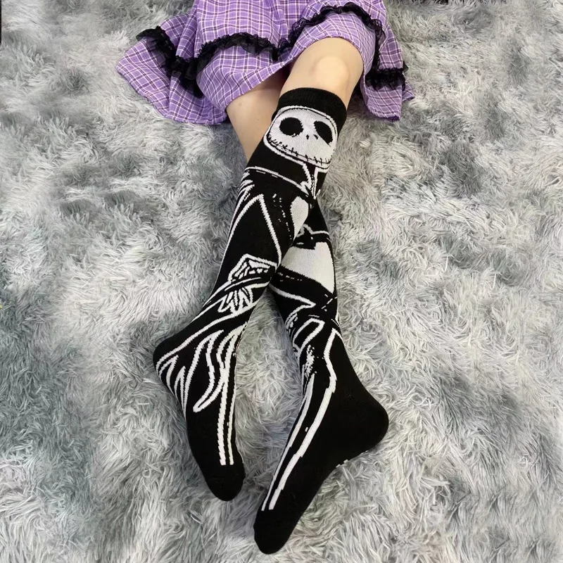 Harajuku Dark Skeleton Pattern Knee Socks Women Girl Gothic Punk Streetwear Mall Goth JK School Casual Retro Moon Star Long Cool