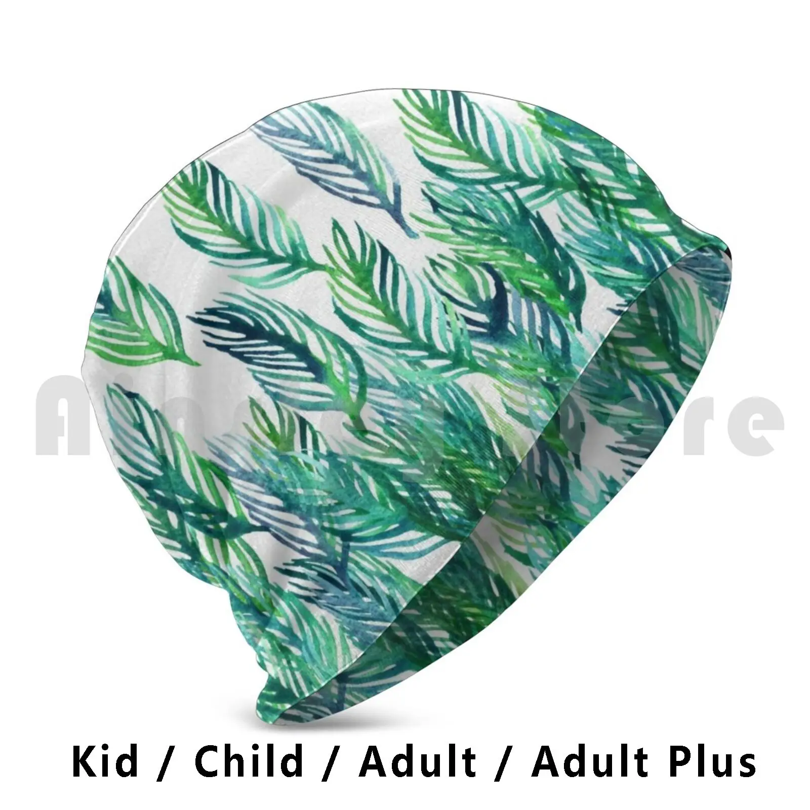 Jungle Rising Beanie Hedging Cap DIY Print Cushion Watercolor Leaves Nature Pattern White Green Emerald Jade Green And