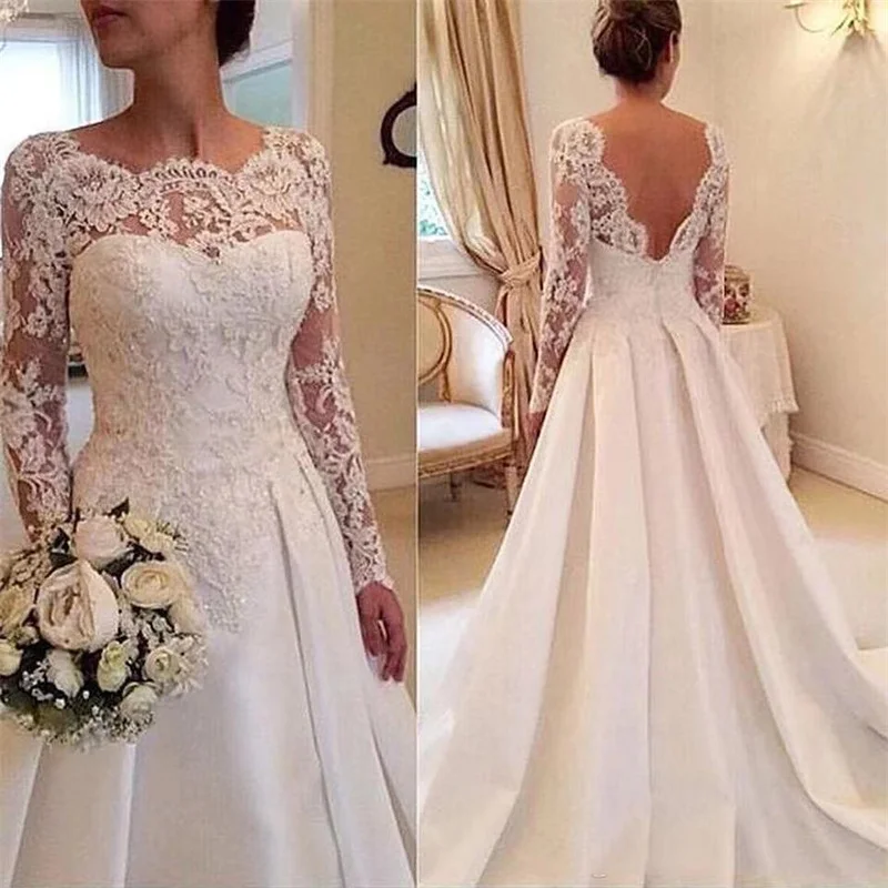 9723 # Corte en A, espalda descubierta, cuello redondo, apliques de encaje, manga larga transparente, vestido de novia de satén de talla grande, vestido de novia con cola de barrido personalizado