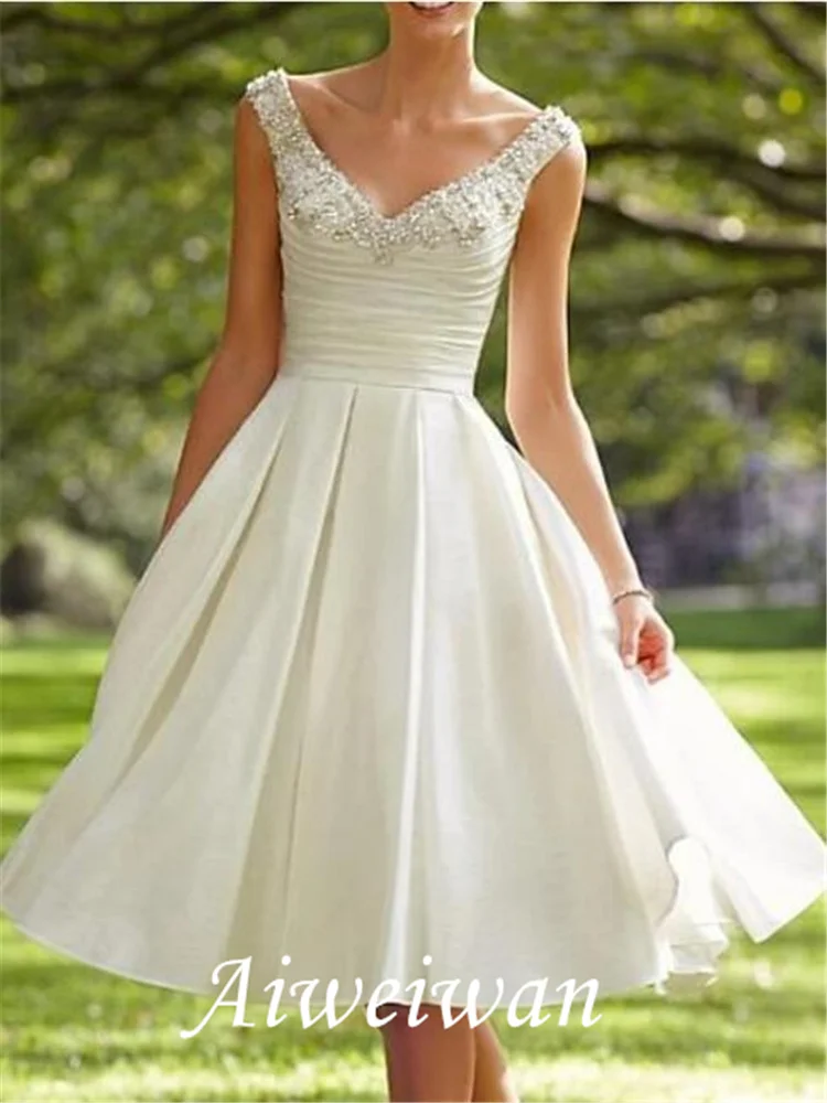 A-Line Wedding Dresses V Neck Knee Length Taffeta Sleeveless Vintage 1950s with Beading 2021