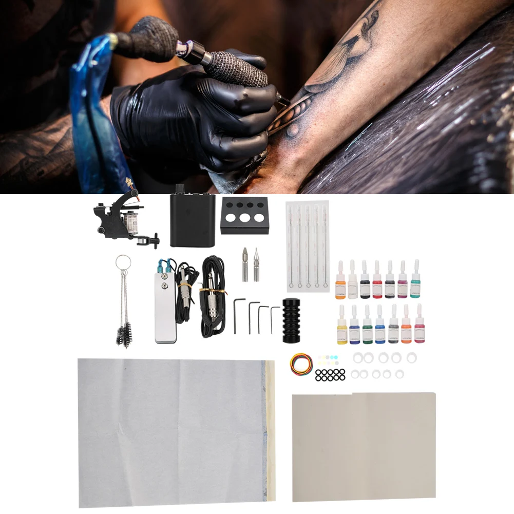 Profession Tattoo Coil Machine Gun Tattoo Needle Pigment Grip Mixing Tattoo Practice Tool Set Complete Tattoo Accessory Supplies