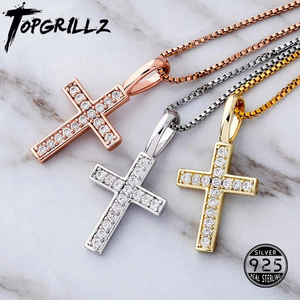 TOPGRILLZ 925 Sterling Silver Ice Zircon Cross Pendant Gold Silver Rose Gold Fashion Hip-hop Jewelry